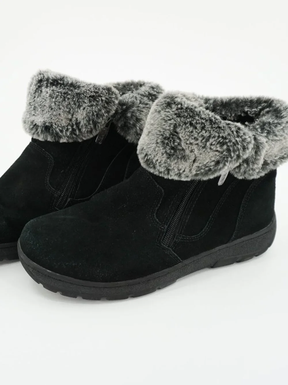 Khombu Black Suede Upper Booties Ladies 9M, Side Zip, Faux Fur